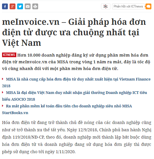 Báo lớn ICTnews đưa tin về MISA meInvoice – Phần mềm hóa đơn điện tử được ưa chuộng nhất Việt Nam
