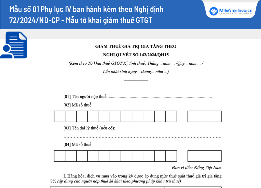 Tải mẫu tờ khai giảm thuế GTGT Mẫu số 01 Phụ lục IV kèm theo Nghị định 72/2024/NĐ-CP