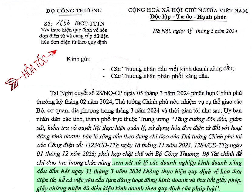 Văn bản số 1656/BCT-TTTN về việc thực hiện quy định hóa đơn điện tử xăng dầu từng lần bán ngày 18/03