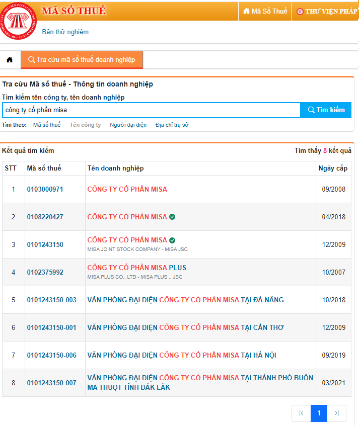 tra cứu mã số thuế công ty trên trang thư viện pháp luật