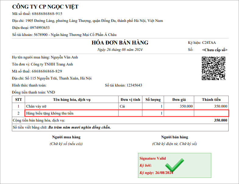 hóa đơn hàng biếu tặng