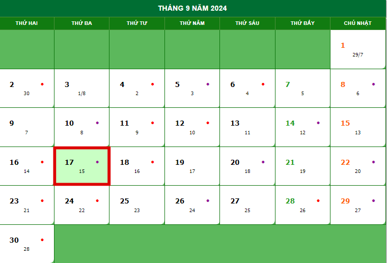 tết trung thu vào ngày mấy - sẽ rơi vào thứ Ba, ngày 17/09/2024 dương lịch