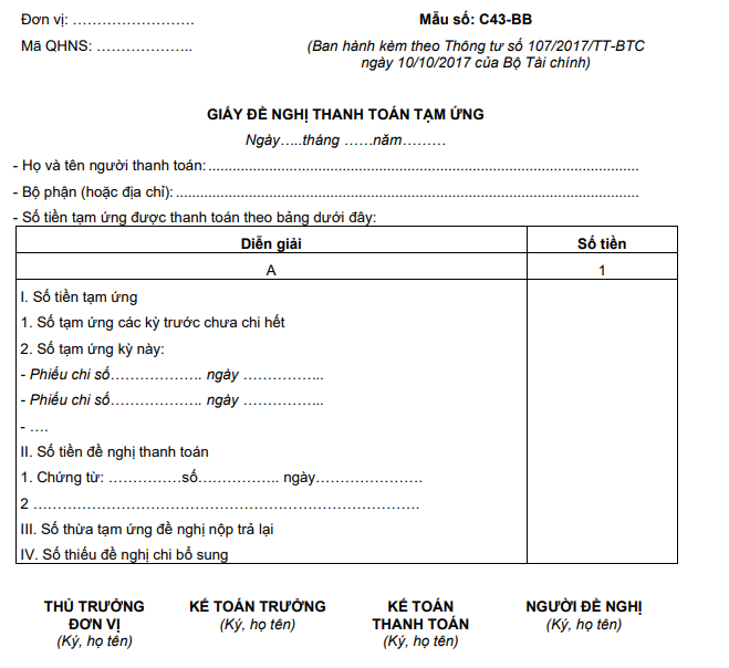 mẫu đề nghị thanh toán thông tư 107