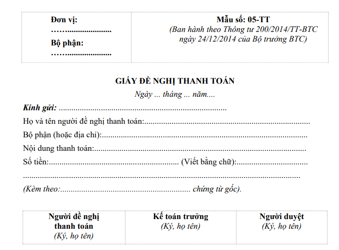 mẫu đề nghị thanh toán thông tư 200