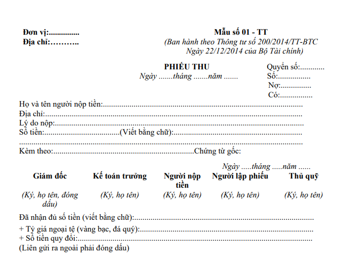 mẫu phiếu thu thông tư 200