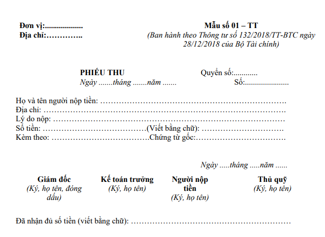 mẫu phiếu thu thông tư 132