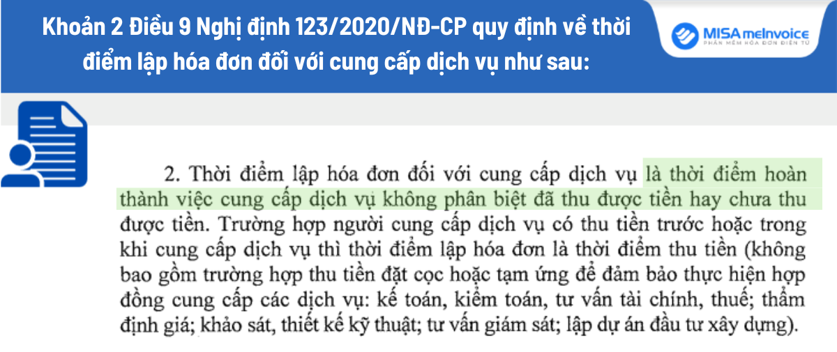 thời điểm lập hóa đơn cung cấp dịch vụ