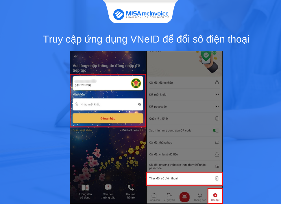 truy cập vneid đổi số điện thoại