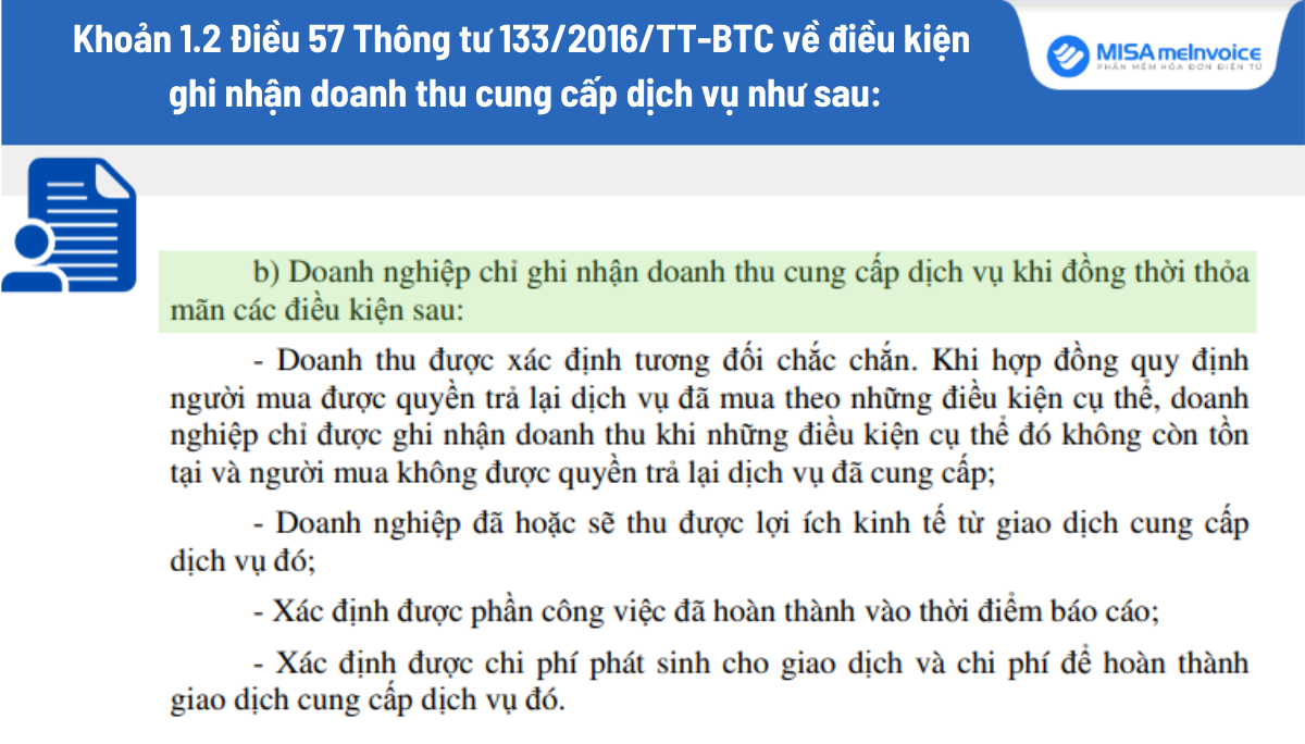 điều kiện ghi nhận doanh thu cung cấp dịch vụ